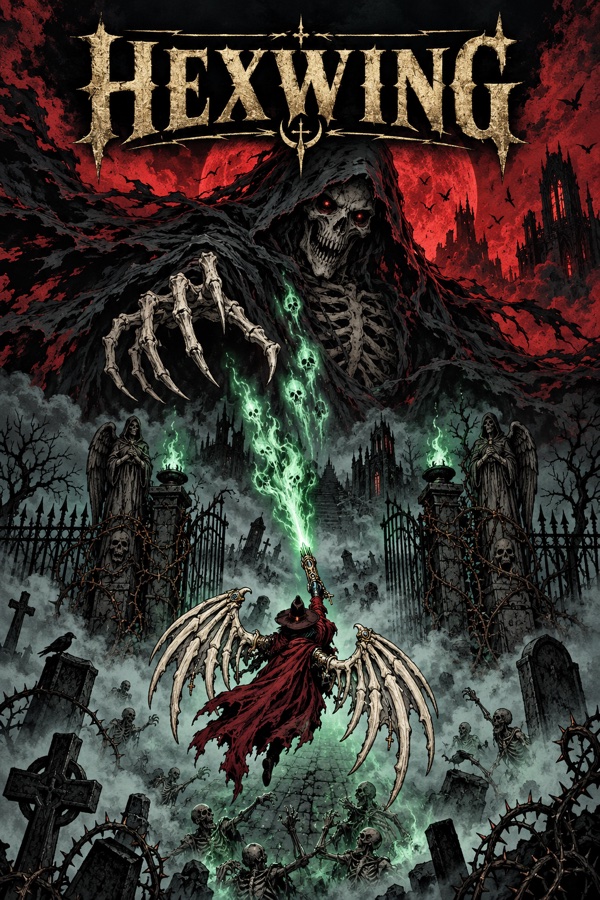 HEXWING artwork: a winged soul hunter facing a skeletal monarch above a haunted graveyard
